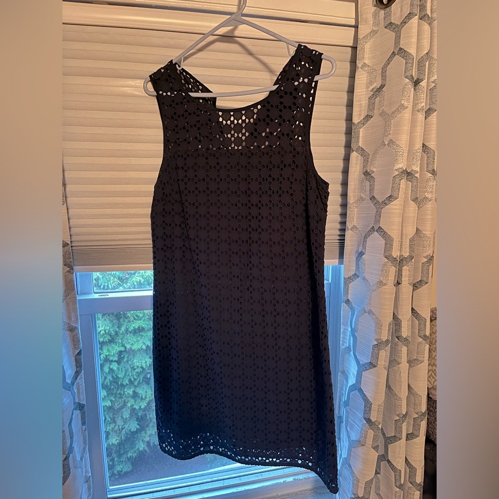 Navy Blue Eyelet Overlay Dress